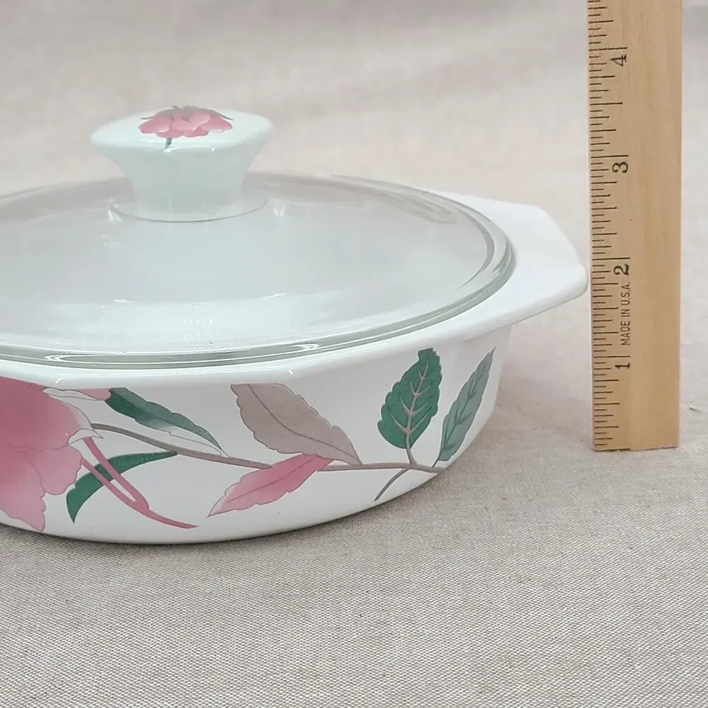 Vtg Mikasa Fire & Ice Silk Flowers Covered Casserole Dish 80's Glass Lid AA009